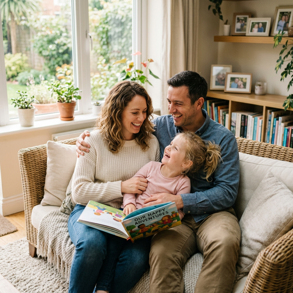 Parents and daughter sitting on couch reading 'Our Happy Adventures' book